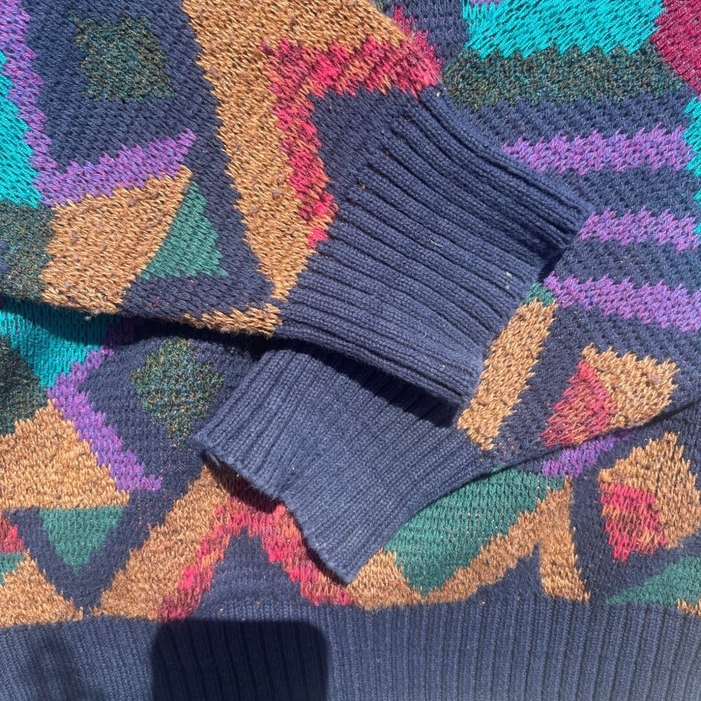 TSR Vintage 90s Abstract Geometric Crewneck Sweater Navy Multicolor USA Made M - Picture 5 of 10